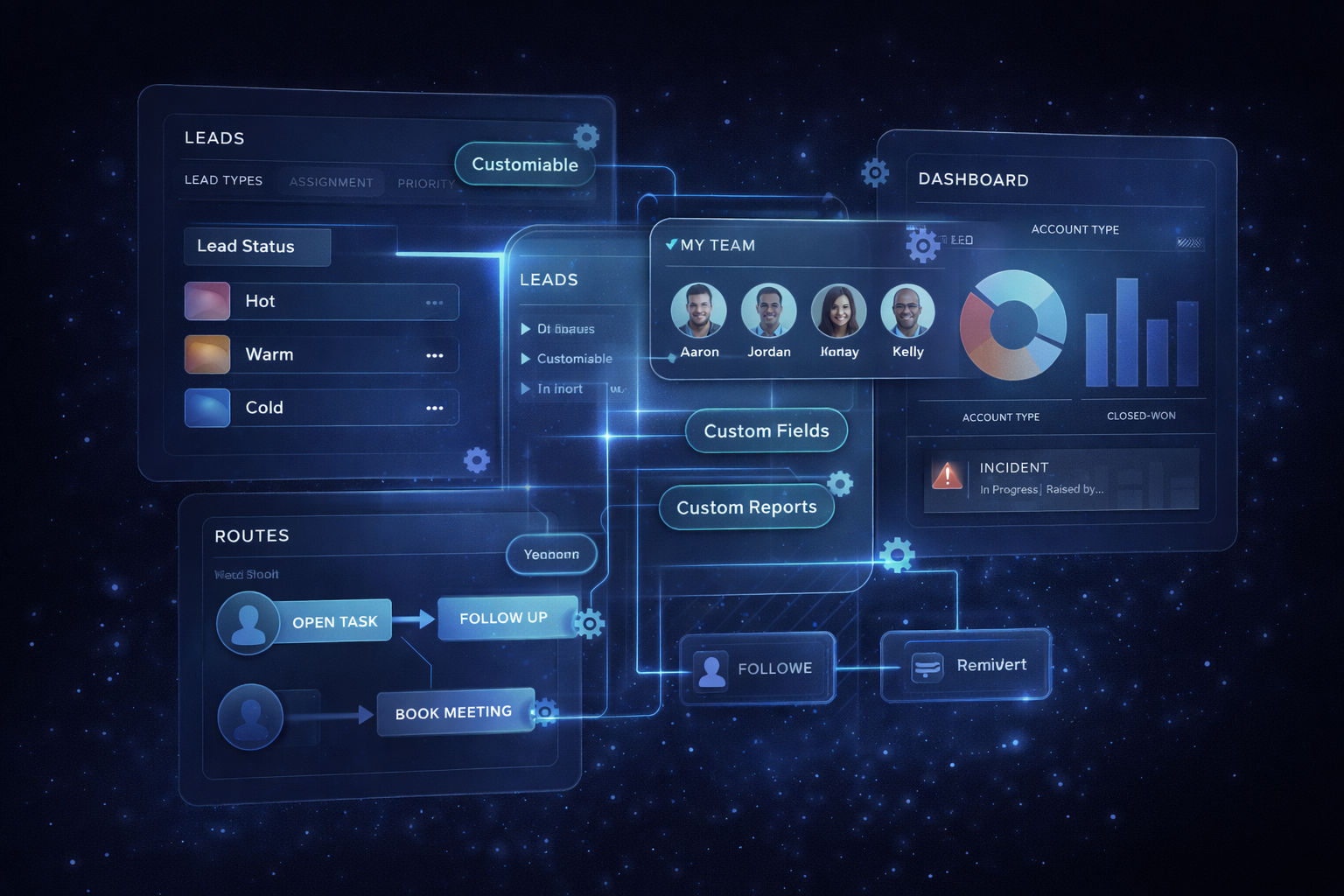 A collaborative team workflow scene with interface elements layered into the environment.