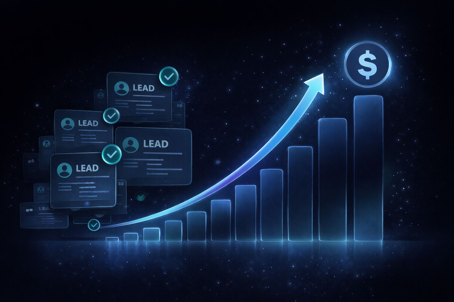 A growth chart rising alongside structured lead cards to represent scalable pipeline activation.